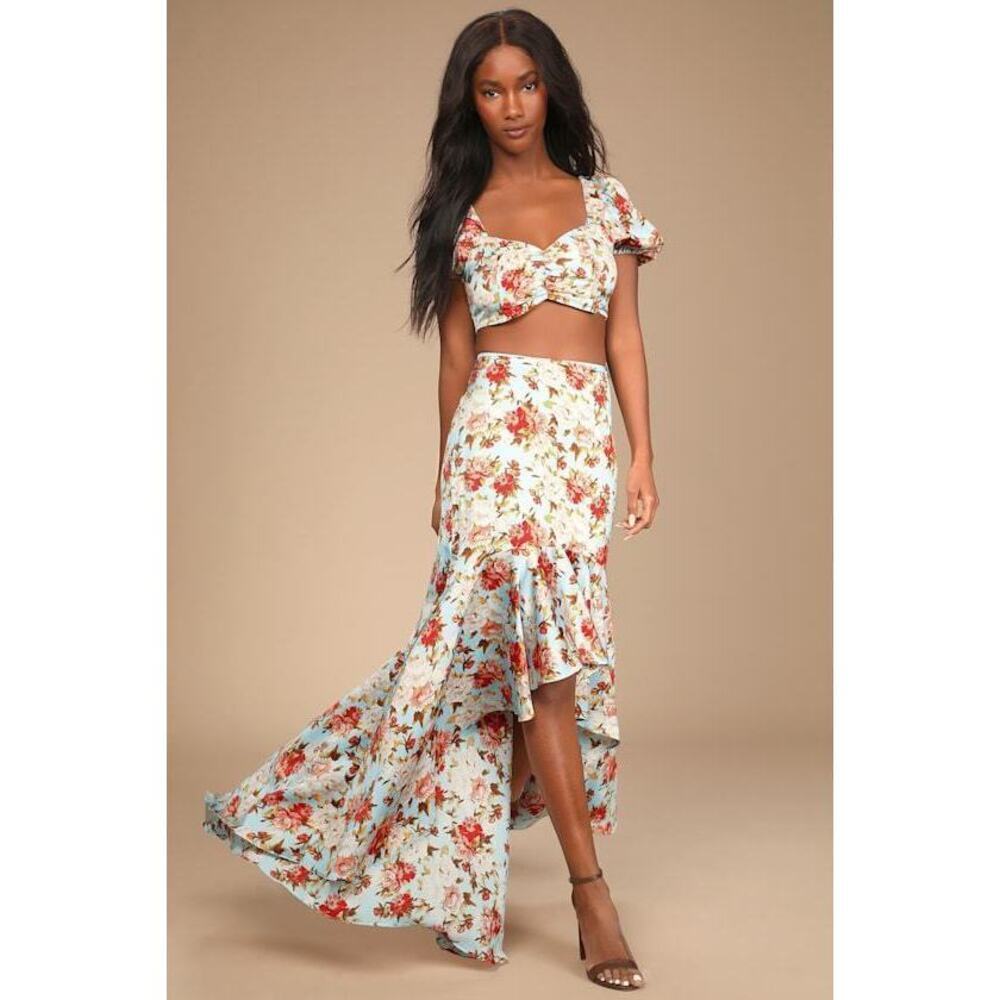Lulus Easily Enchanting Light Blue Floral Print High-low Maxi Skirt - Size XS
